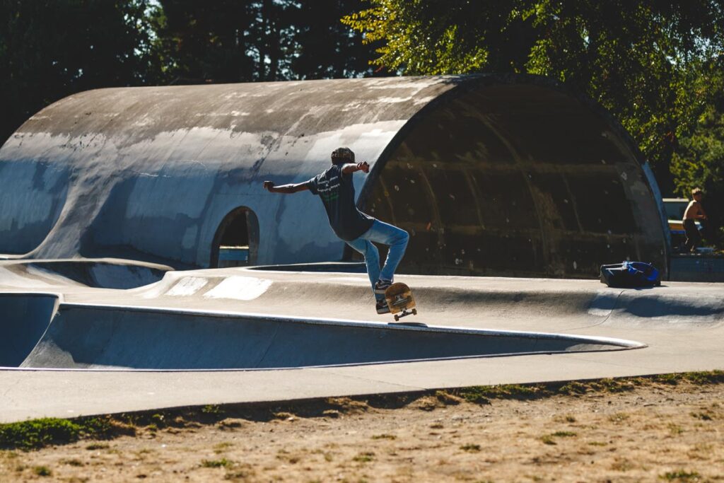 Skateboarder at Pier Park one of the best parks in Portland