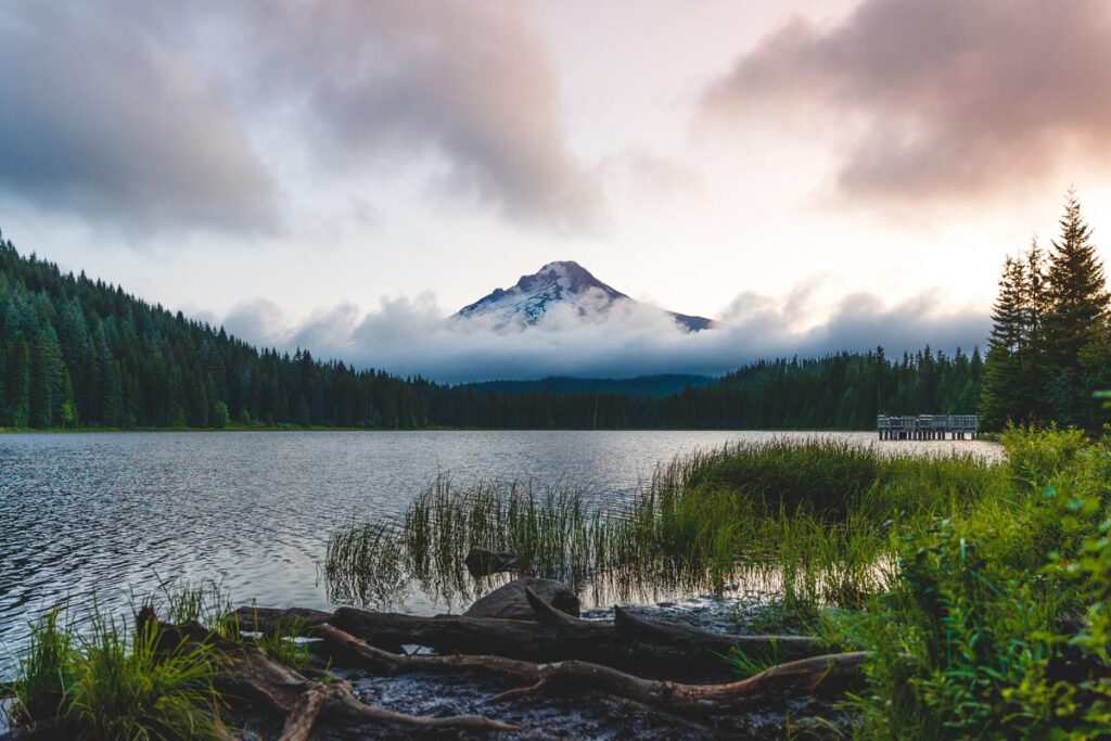 View of lake and mountain at Trillium Lake