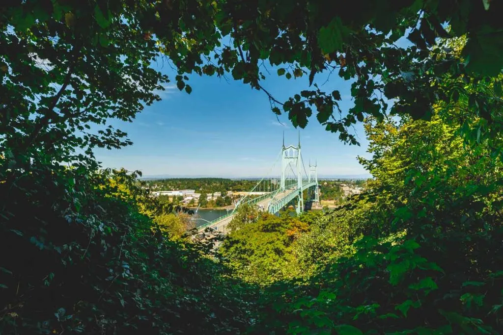 St Johns Bridge from Forest Park Ridge Trail in Forest Park Oregon