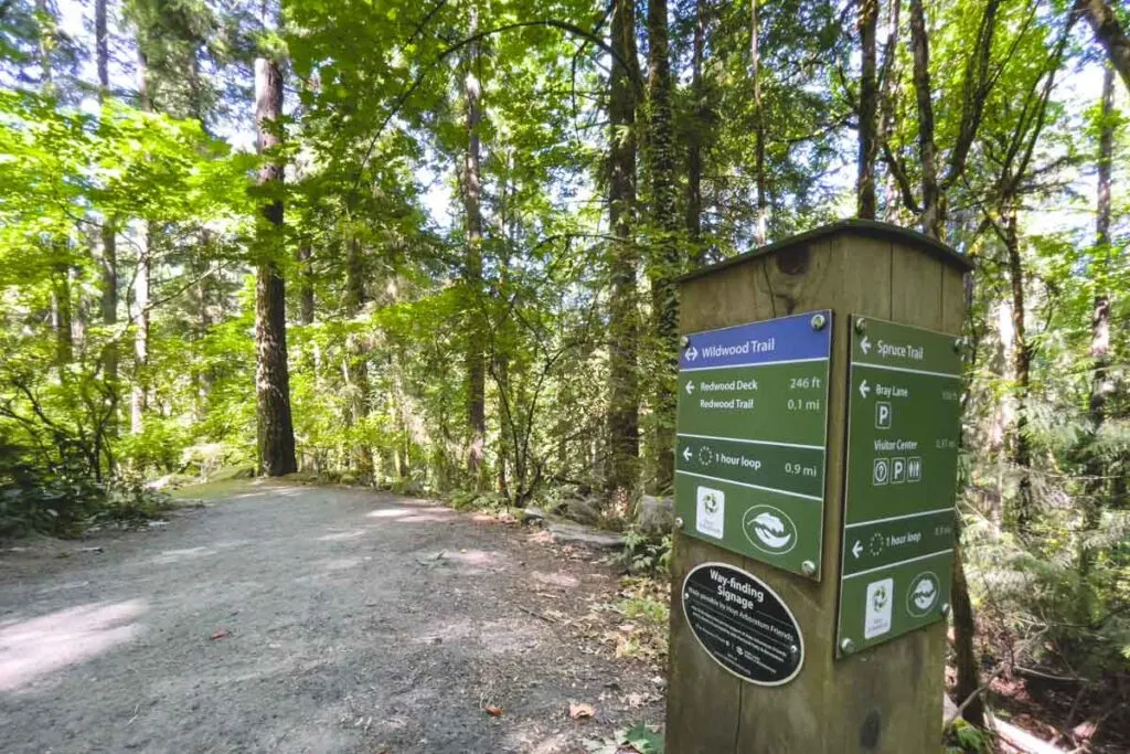 Trail sign in Hoyt Arboretum Washington Park, Portland