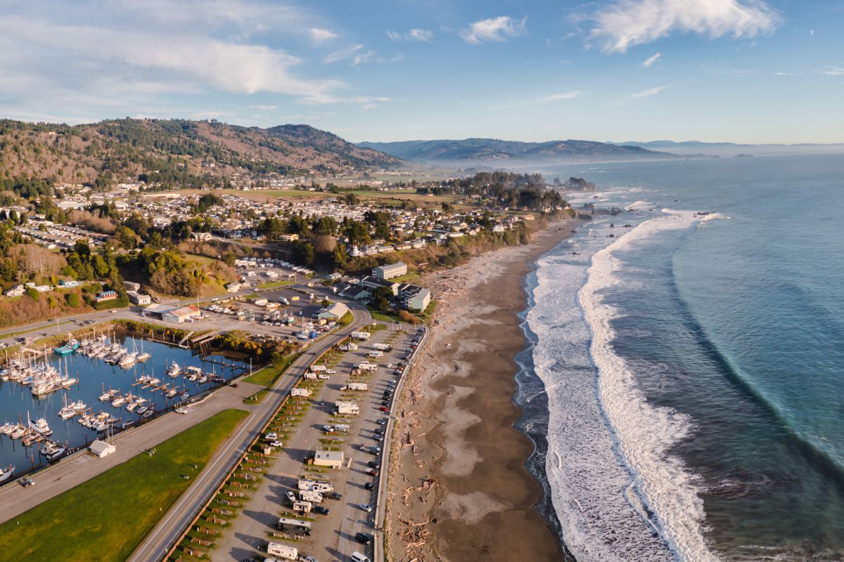 View of Brookings Oregon by the sea from above.