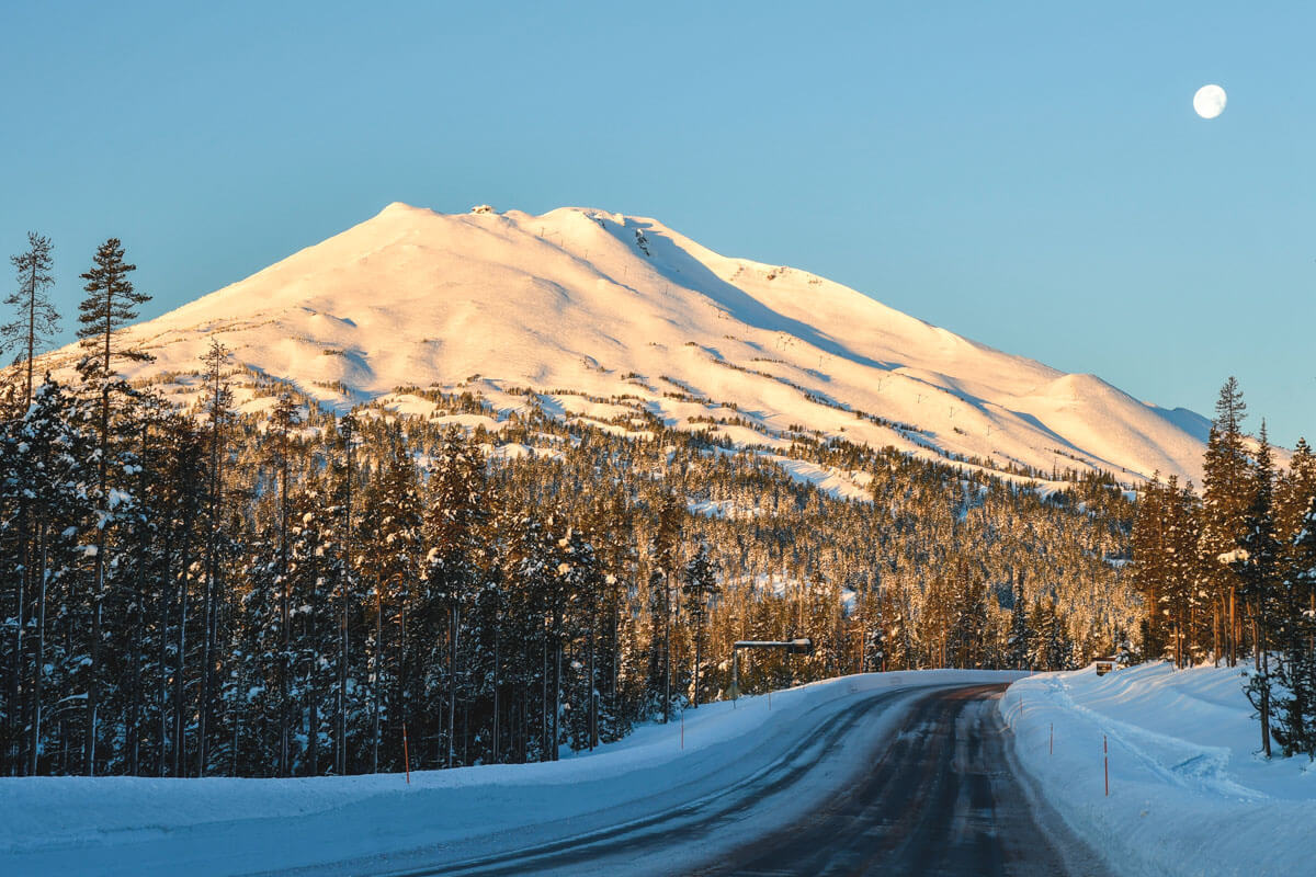 Mt Bachelor in snow from the Cascades Scenic Byway near Elk Lake
