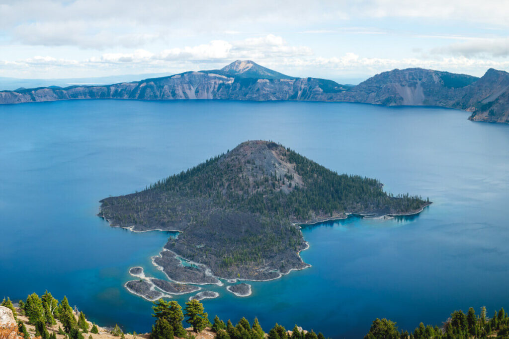 View of island from the Watchman Peak Lookout on the Crater Lake Rim Drive