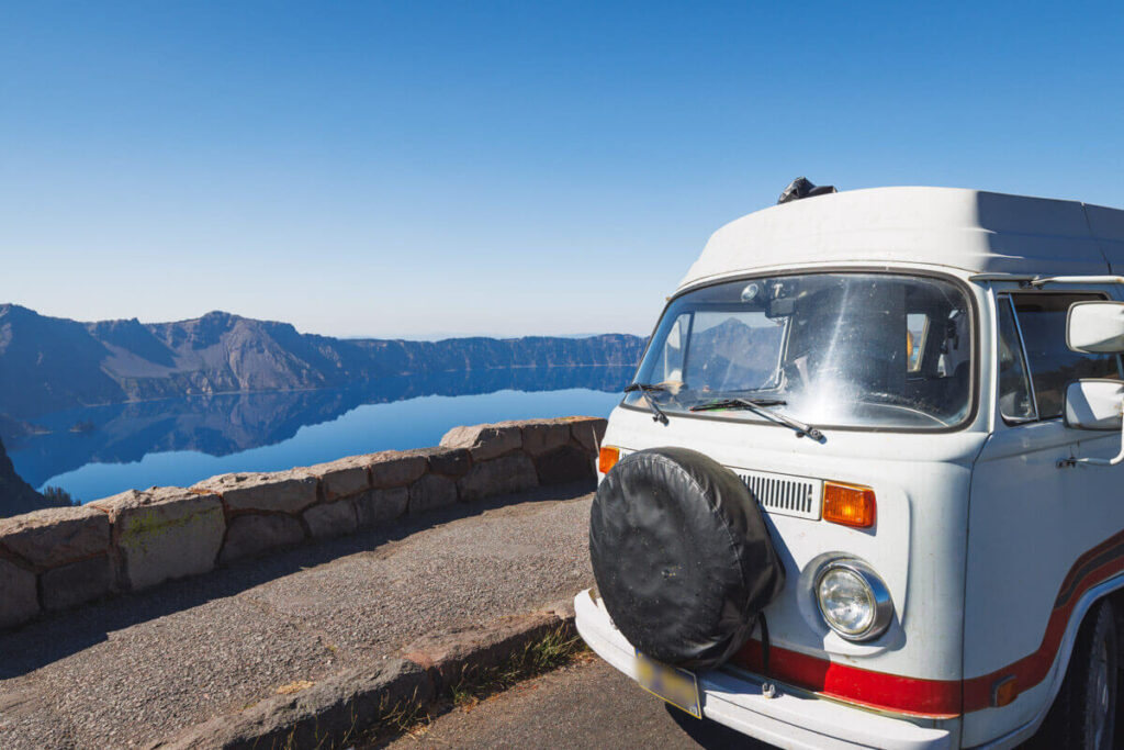 VW camper on the Crater Lake Rim Drive