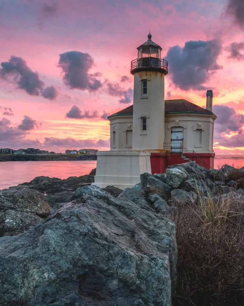 View of Coquille River Lighthouse during a beautiful Oregon sunset.