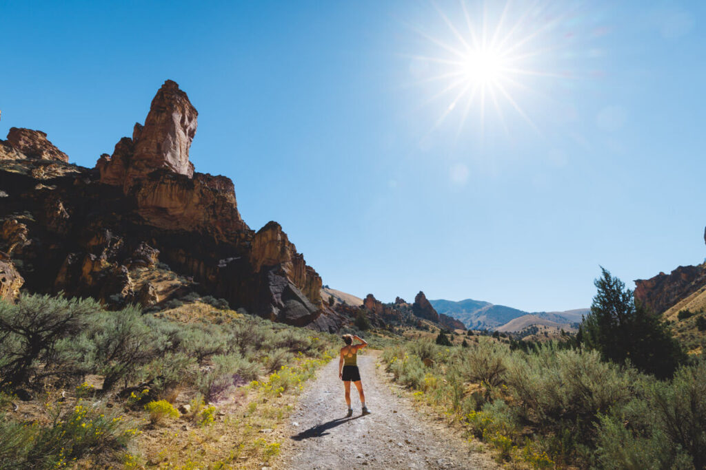 A hiker in the sun on the Dago Gulch trail.
