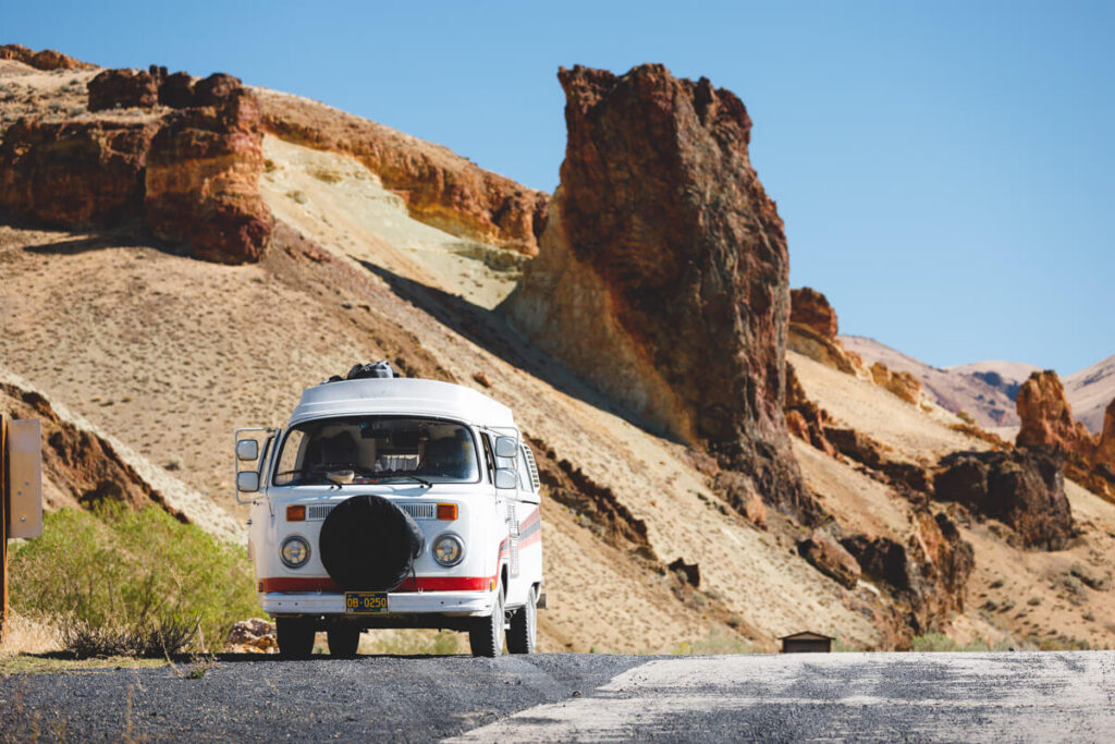A campervan on the side of the road in Leslie Gulch.