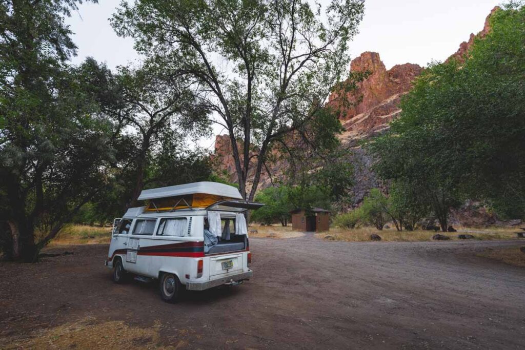 A campervan parked up in Succor Creek campgrounds in Oregon.