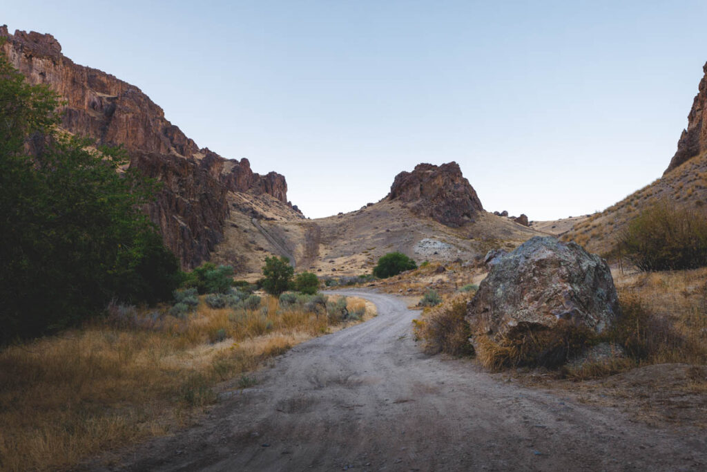 An off-road-track winding through the cliffs of Succor Creek.