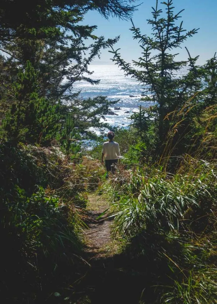 A woman hiking along an overgrown Pack Trail in Cape Arago State Park.