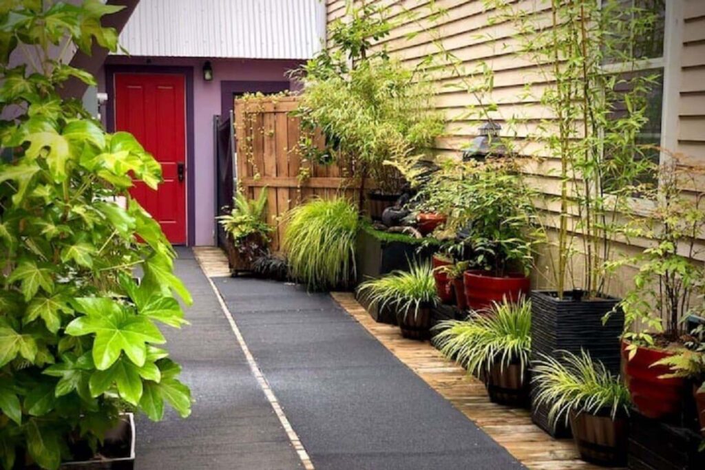 The plant lined pathway leading to the entrance of the Downtown Astoria Tiny House.
