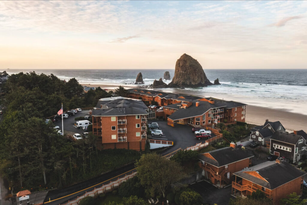 An aerial view of the Hallmark Resort and Spa at Cannon Beach.