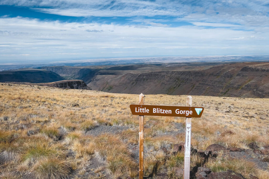 The Little Blitzen Gorge trailhead sign with a view of the gorge in the background.