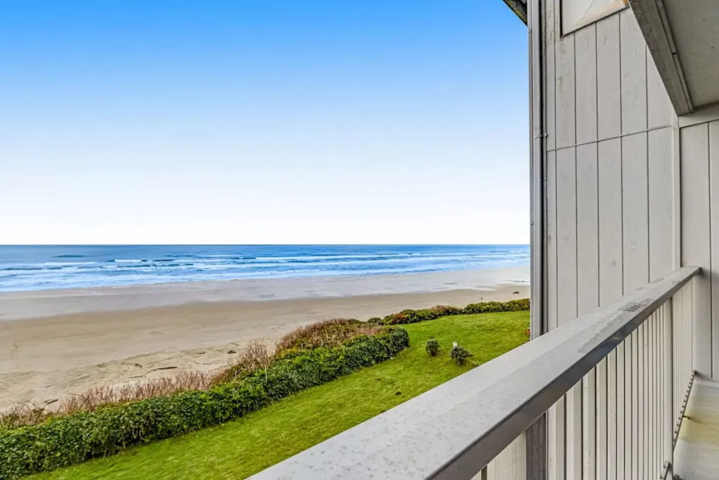 The beach and ocean view from the balcony of one of the rooms at the Inn at Nye Beach. The beach and ocean view from the balcony of one of the rooms at the Inn at Nye Beach.