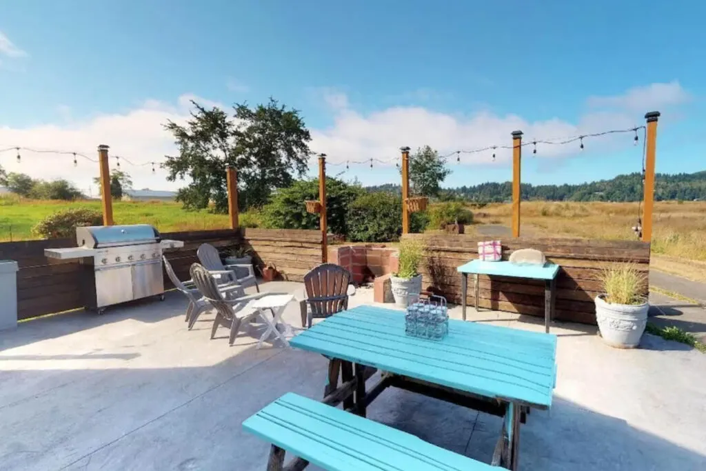 The Shepherd's Cottage Retreat's patio area equipped with a picnic bench, seats and a huge gas BBQ. The Shepherd's Cottage Retreat's patio area equipped with a picnic bench, seats and a huge gas BBQ.