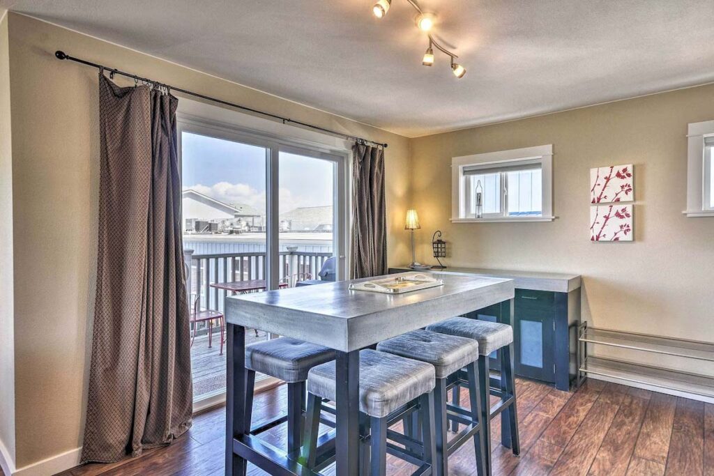 A modern looking dining area in the Waterfront Condo on the Pier in Astoria.