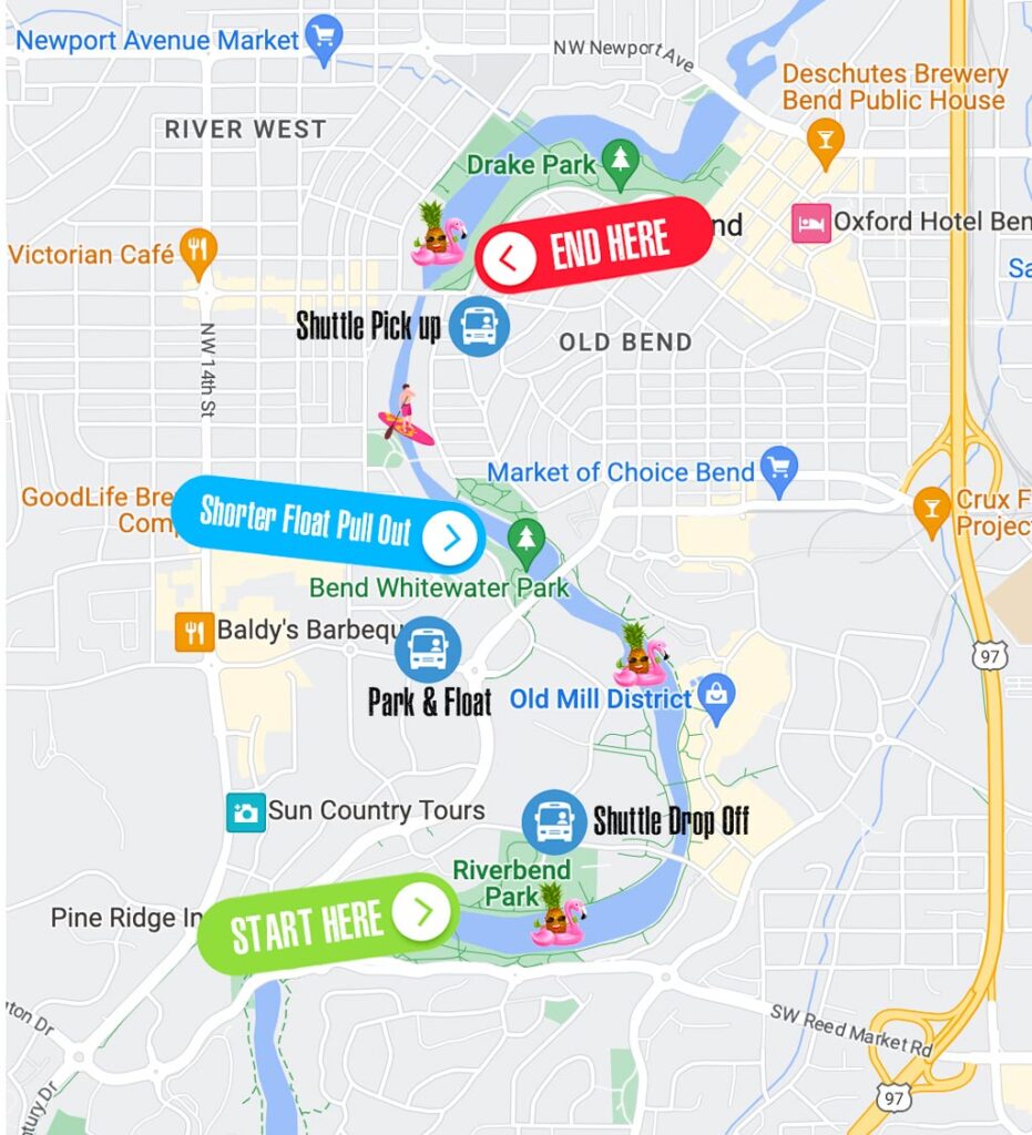 Map of the Bend river float put in and pull out areas along with shuttle pick up and drop offs in Bend Oregon