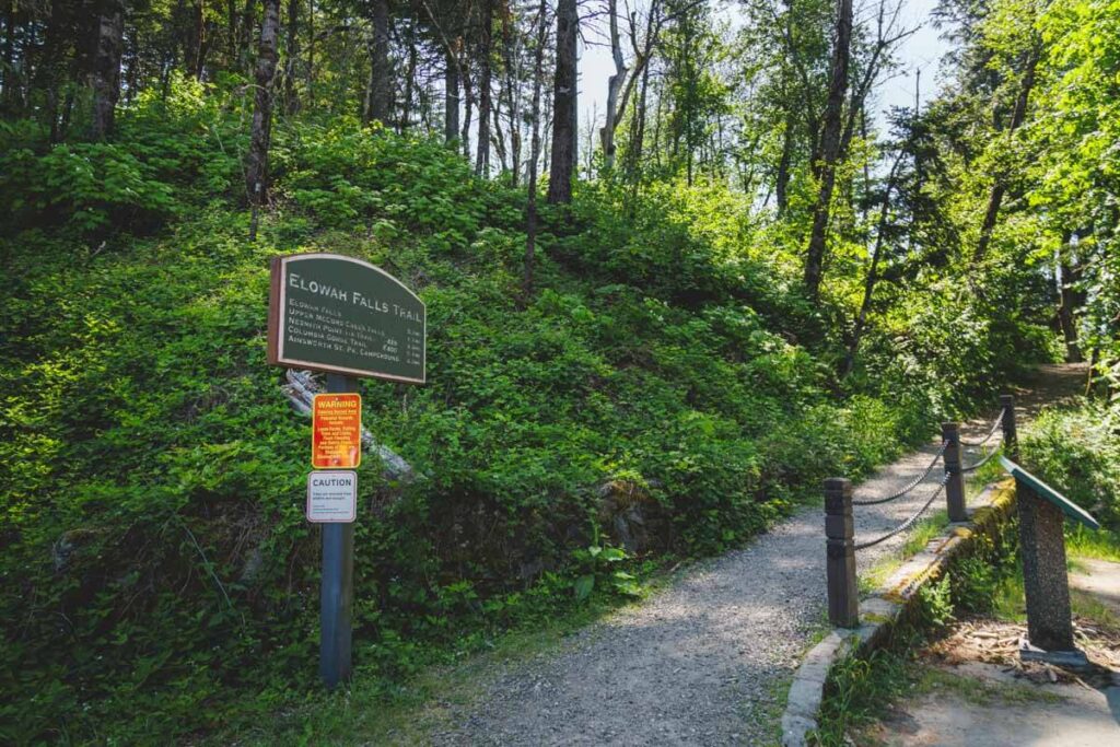 The trailhead sign for Elowah Falls trail and the other trails it leads to.