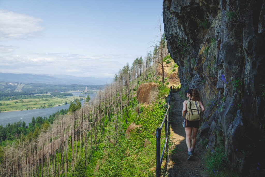 Nina hiking along the Elowah Falls trail looking our over a view of Columbia River Gorge.