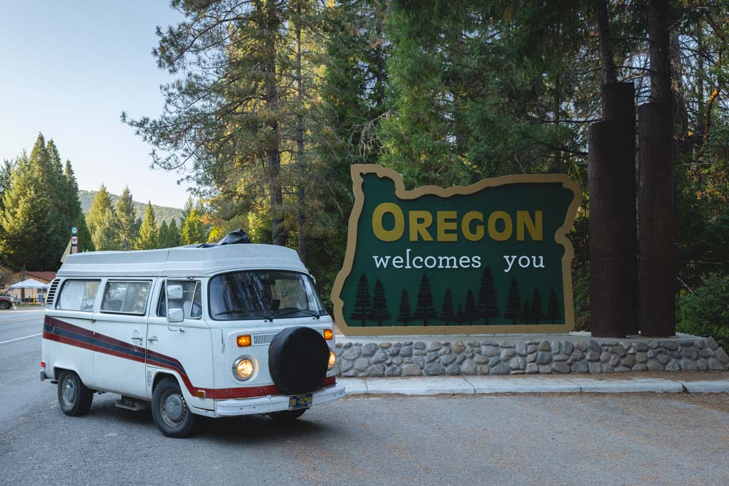 Our VW Bus with the Welcome to Oregon sign
