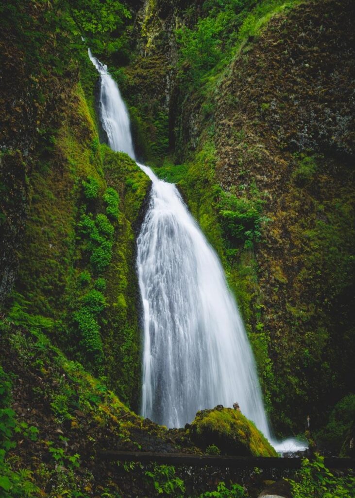 A full length view of both tiers if Wahkeena Falls in Columbia River Gorge.