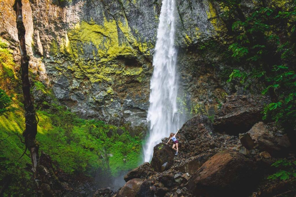 Nina posing at the base of Elowah Falls in Columbia River Gorge.