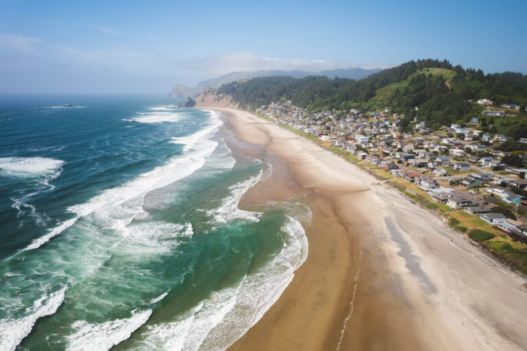 Aerial view across Roads End State Recreation Site beach near Lincoln City on a sunny day.