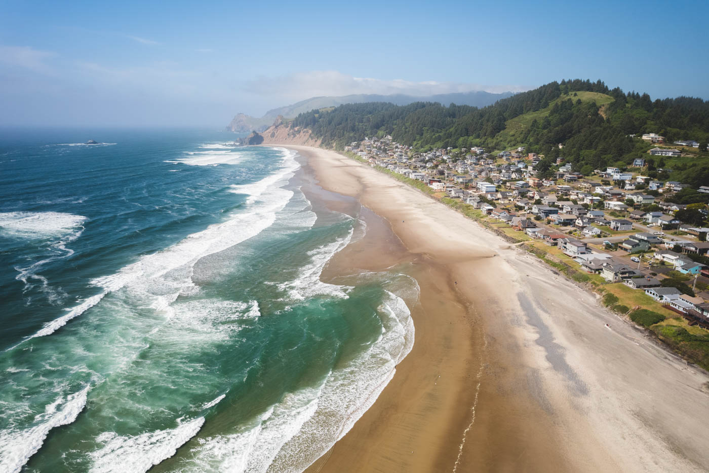 Aerial view across Roads End State Recreation Site beach near Lincoln City on a sunny day.