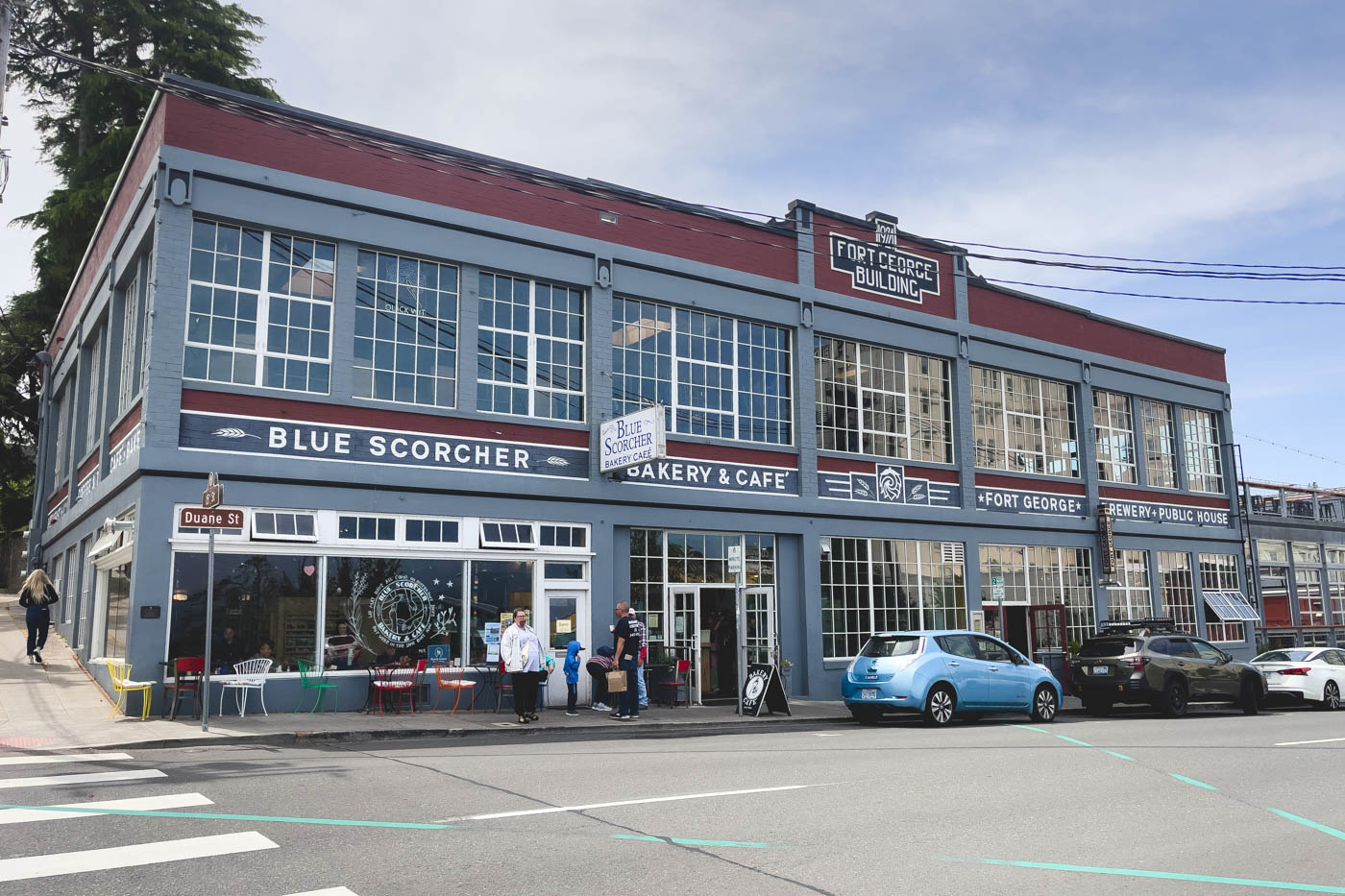 Industrial looking Blue Scorcher Baker building in Astoria.