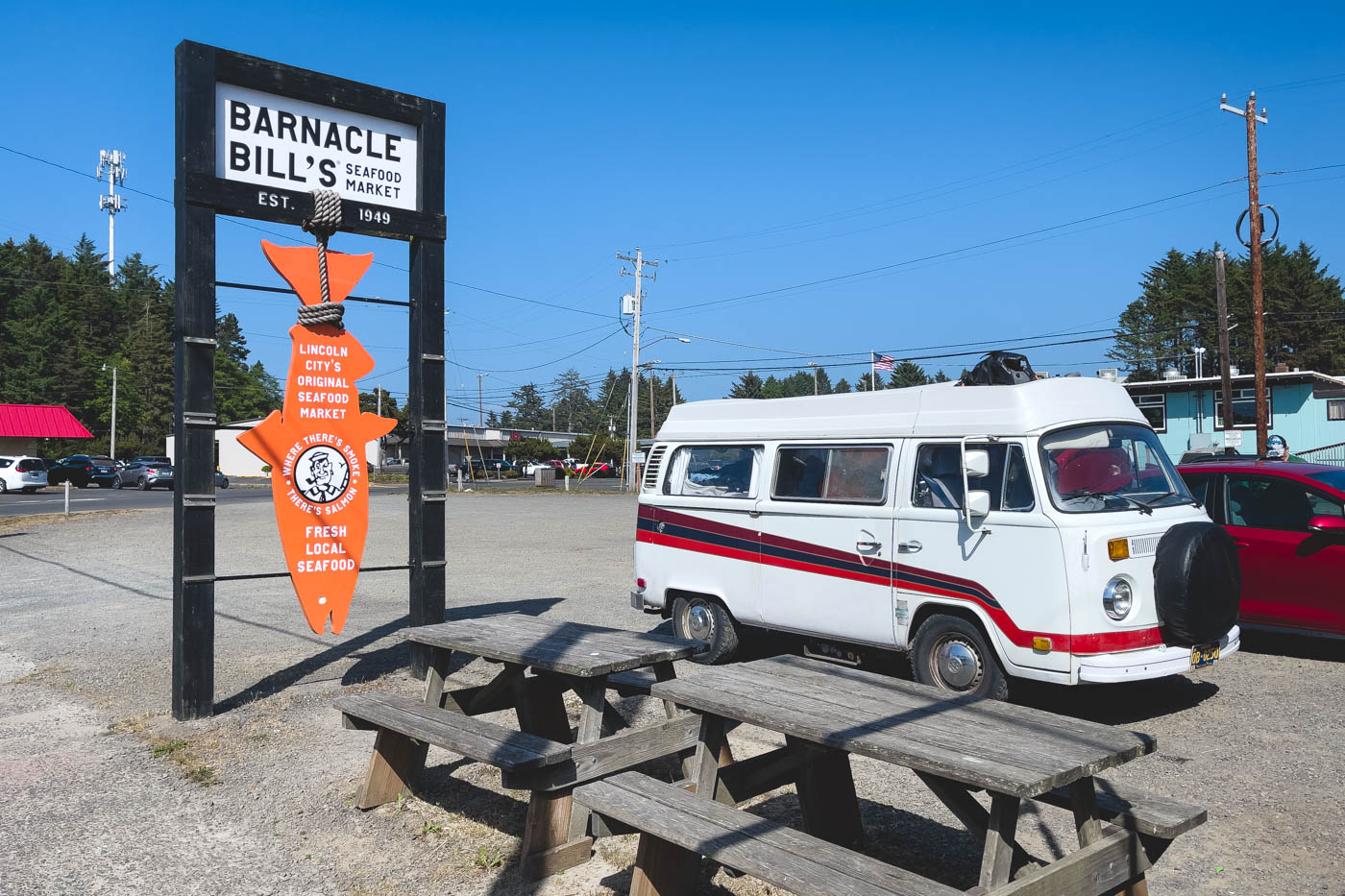 Campervan parked outside of Barnacle Bill's seafood market in Lincoln City.