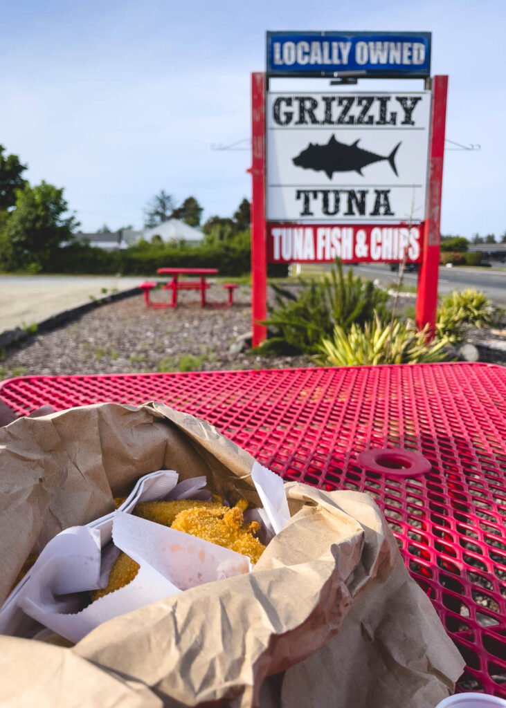 Eating fried tuna from Grizzly Tuna in Seaside.