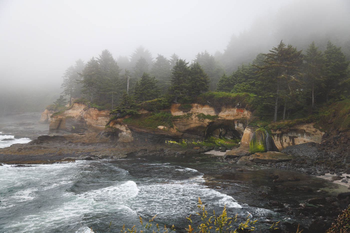 Very foggy day over Boiler Bay State Scenic View.