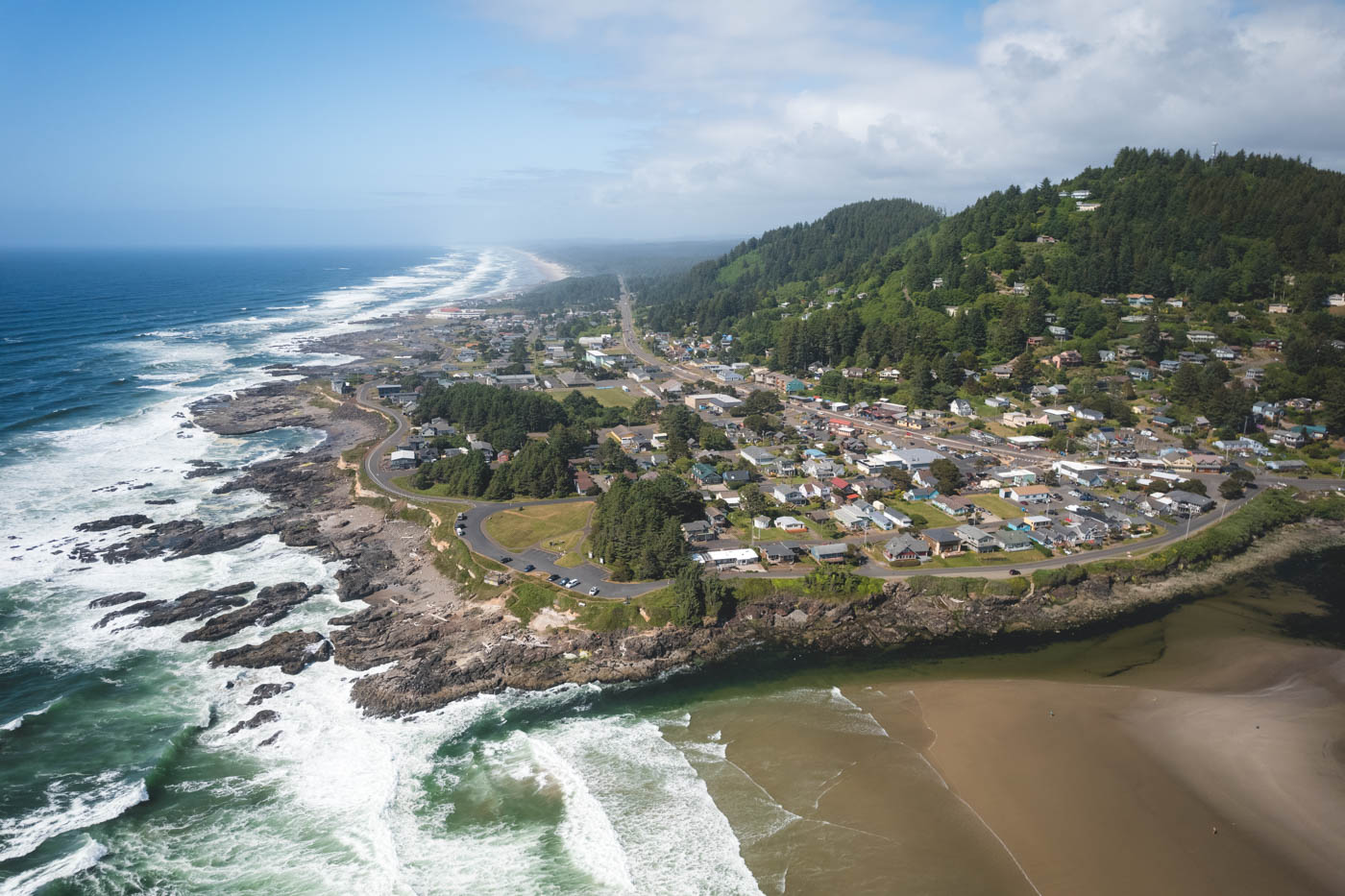 Aerial drone view over the town of Yachats in Oregon.