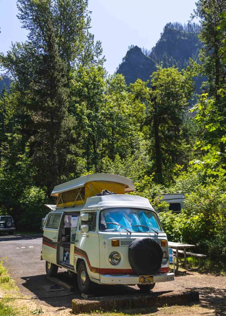 Lucy our camper van at Ainsworth Campground in the Columbia River Gorge.