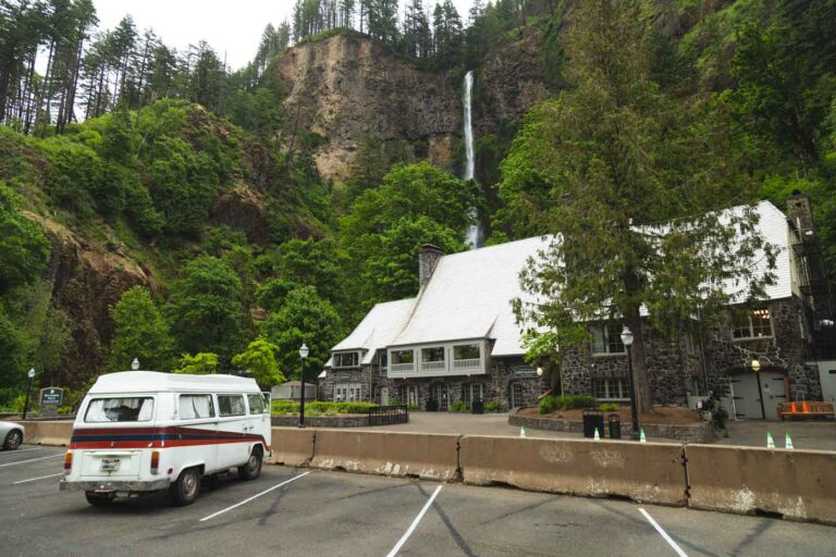 Parking in front of Multnomah Falls in our VW Bus.