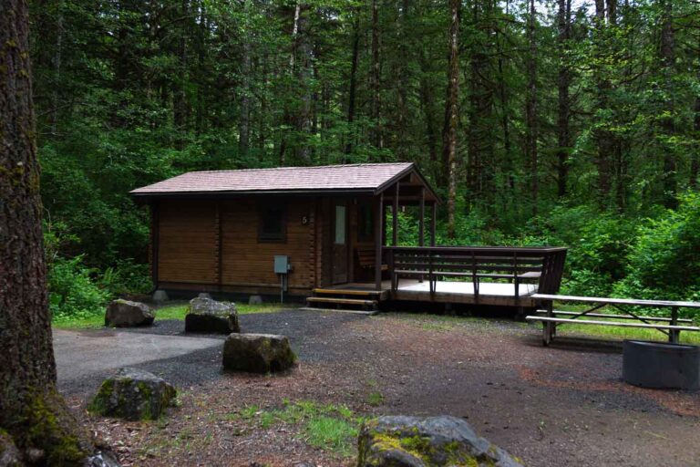 Cabin amongst trees in Silver Fall State Park.
