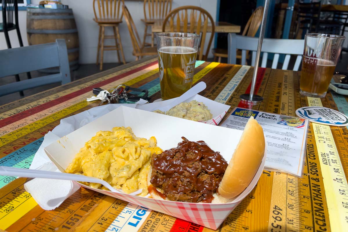 Chetco Brewing Company food and beer at the table.