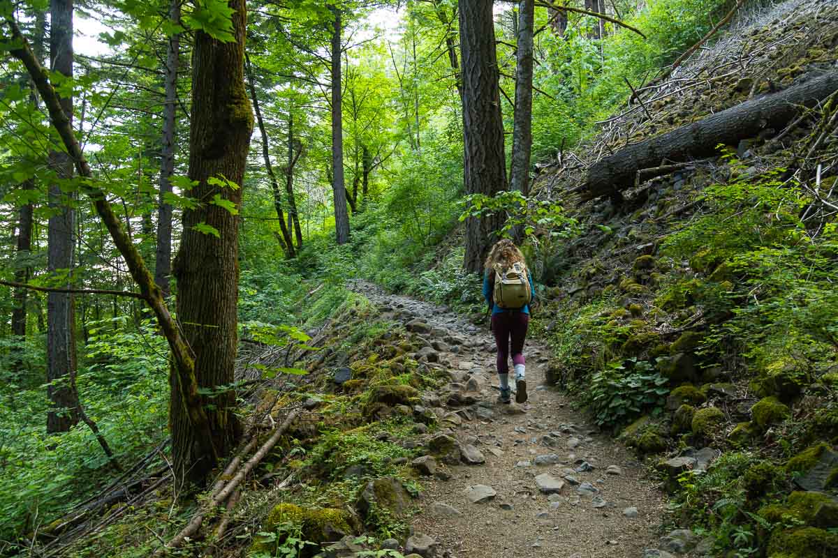 Nina on Angel's Rest Trail surrounded by greenery.