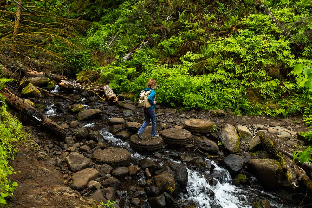 Nina hopping on stone over a small stream.
