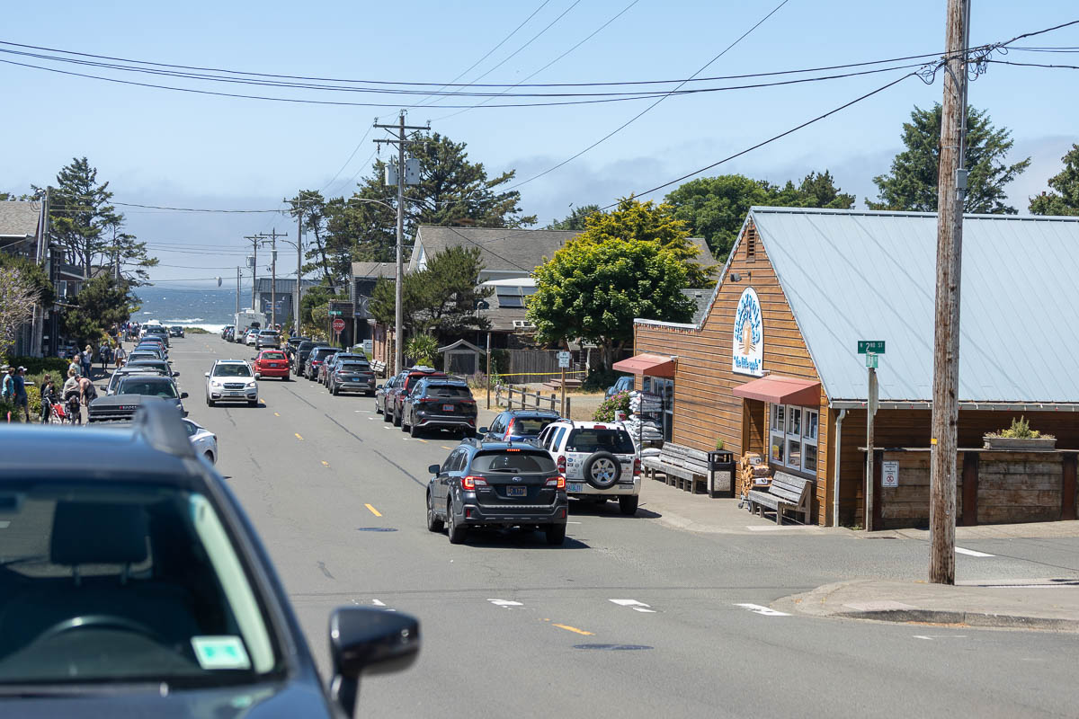 Manzanita down showing shops and the beach in the distance.