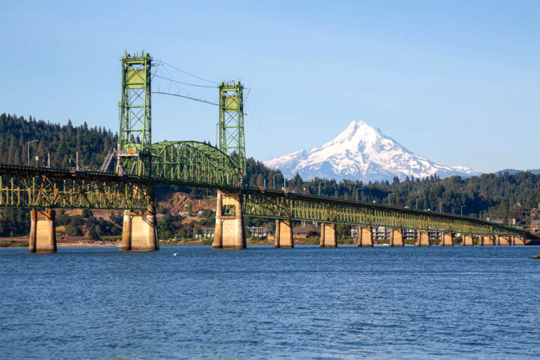Beautiful View of Hood River Bridge going over Columbia River with Mt Hood in the background.