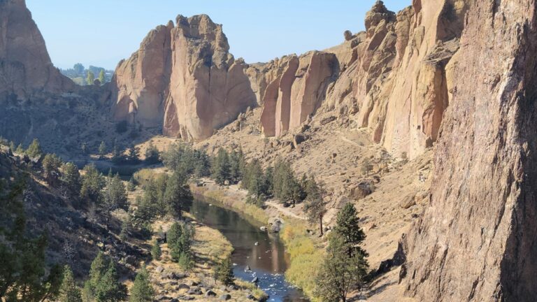 A stunning aerial view of the gorge at Smith Rock State Park in Oregon, USA.