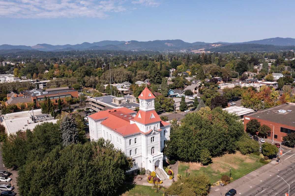 The Benton county courthouse in downtown Corvallis, Oregon. Done image.