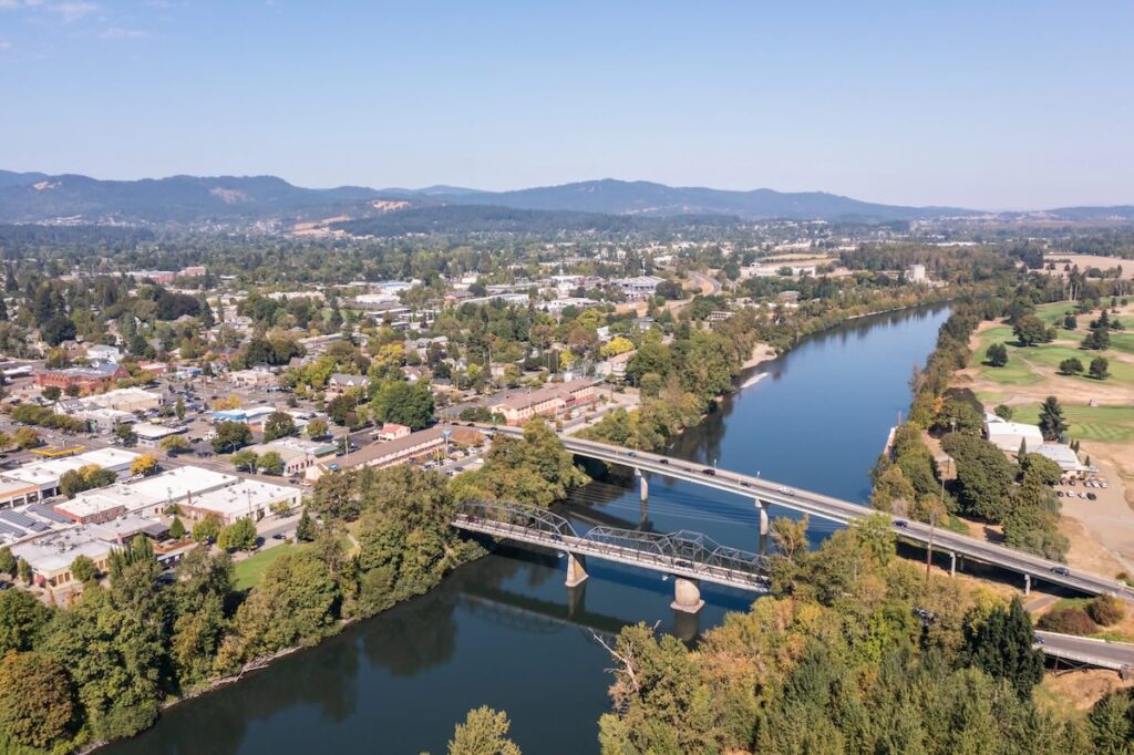Corvallis, Oregon. Bridge crossing Willamette River. Drone image.