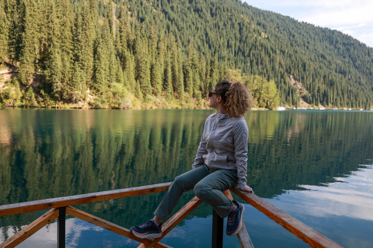 Nina wearing Kuhl outfit at lake.